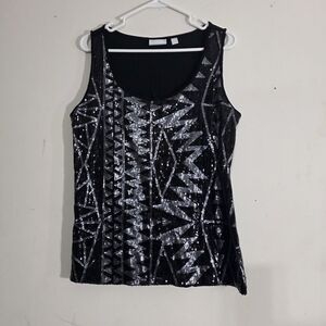 New York & Company Black and Silver Geometric Sequin Tank Top